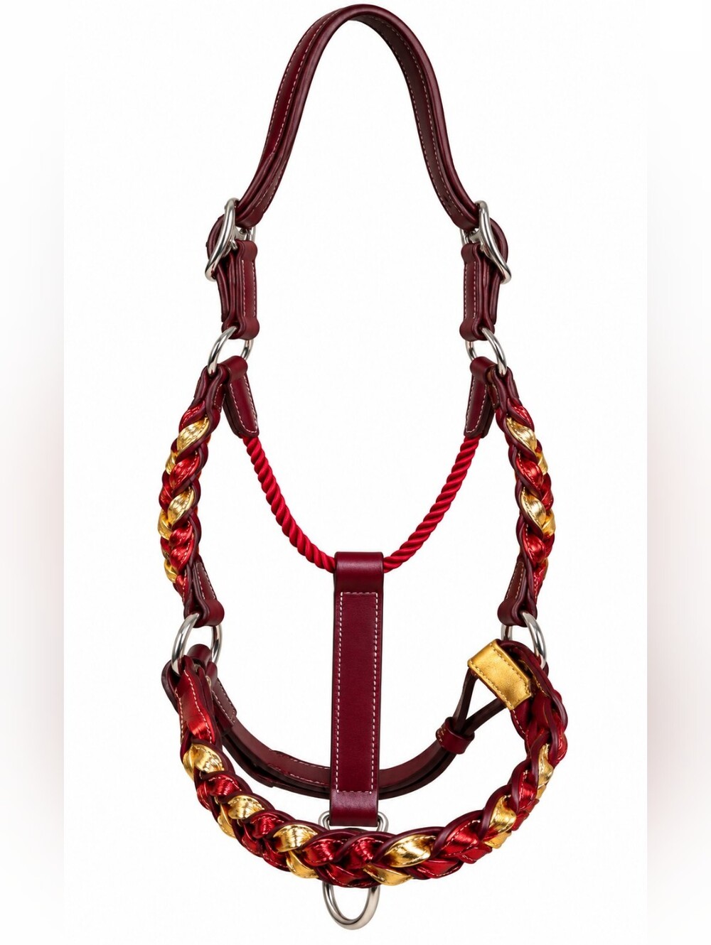 Red & Gold Braided Maroon Leather Average Horse Halter w/ Flex Rope Throat Latch